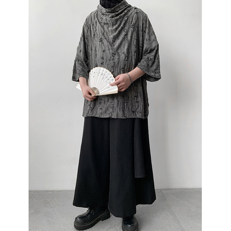 暗黑S冰丝破洞复古镂空风小众设计堆堆领t桖T06-P65控88,男装T恤,电商A005-1