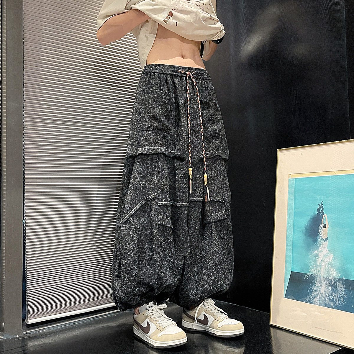 新中式暗黑D冰丝垂感折褶小众设计宽松阔腿裤男K227-P70控88,男装休闲裤,电商A005-1