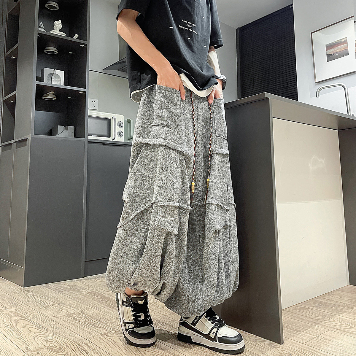 新中式暗黑I冰丝垂感折褶小众设计宽松阔腿裤男K227-P70控88,男装休闲裤,电商A005-1