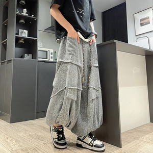 新中式暗黑I冰丝垂感折褶小众设计宽松阔腿裤男K227-P70控88图片