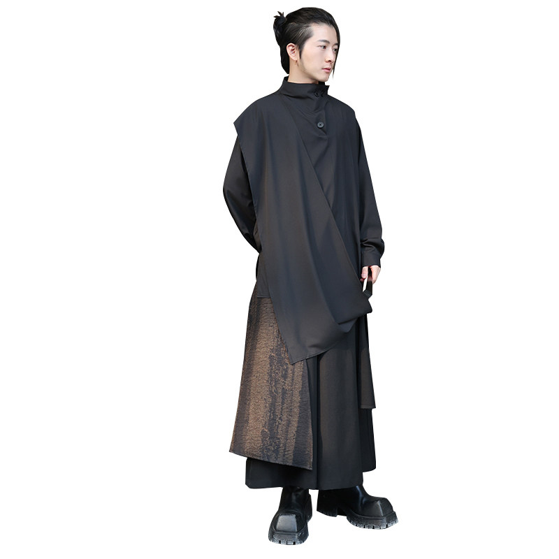 新中式B纽扣半高领衬衫拼接围布风裙裤套装TZ60-P150控178,男装衬衫,电商A005-1