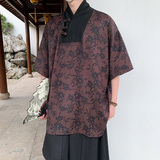 风新中式B盘扣大V领唐装树叶印花短袖t桖复古民族风T58-P68控88，男装T恤，电商A005-1