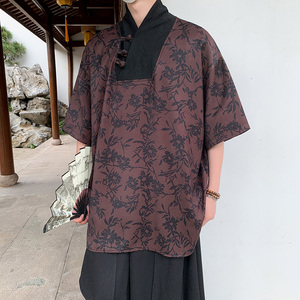 风新中式B盘扣大V领唐装树叶印花短袖t桖复古民族风T58-P68控88,男装T恤,电商A005-1