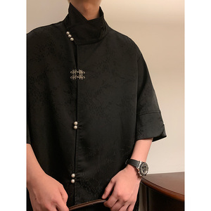 新中式风E缎面提花暗纹立领小众冰丝金属扣衬衫男CS32-P78控98图片