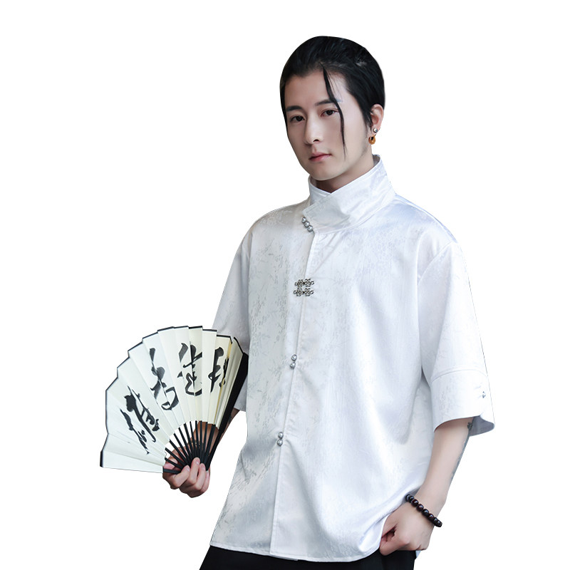 新中式风I缎面提花暗纹立领小众冰丝金属扣衬衫男CS32-P78控98,男装衬衫,电商A005-1