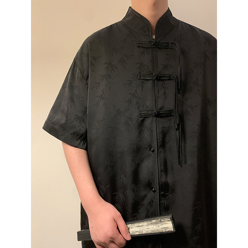 新中式D风盘扣小众树叶暗纹提花冰丝短袖衬衫男CS72-P68控88图片