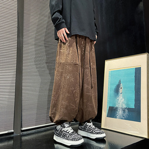 风新中式D保暖树叶印花纹灯芯绒阔腿束脚裤男K199-P68控88图片