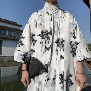 新中式F风树叶冰丝复古珍珠扣立领小众中袖衬衫男CS67-P70控98图片