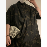 潮酷暗黑E小高领堆堆领印花树叶小众设计冰丝t恤T63-P80控108，男装T恤，电商A005-1