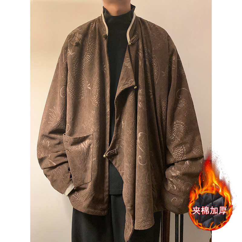 新中式C斜襟龙纹灯芯绒中山装夹棉加厚外套棉衣JK1020-P135控158,男装棉衣,电商A005-1