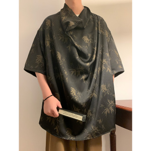 潮酷暗黑B小高领堆堆领印花树叶小众设计冰丝t恤T63-P80控108图片