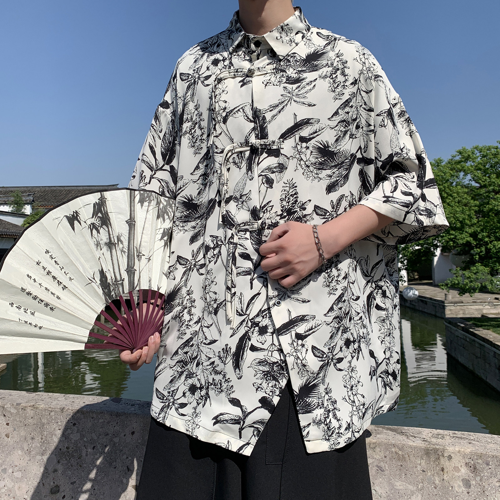 新中式D盘扣不规则设计树叶印花暗纹冰丝衬衫外套男CS69-P70控98,男装衬衫,电商A005-1
