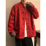 风红色衬衫春秋季高级感提花设计感盘扣唐装外套CS82-P68控88，男装衬衫，电商A005-1