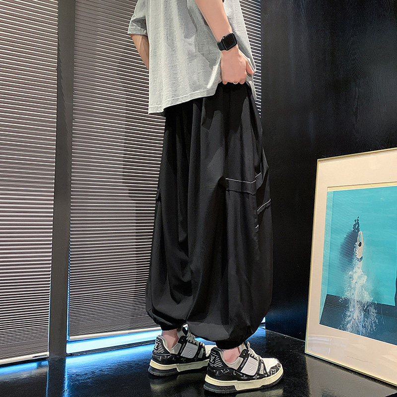 新中式C暗黑风冰丝垂感折褶小众设计阔腿裤男K155-P65控88,男装休闲裤,电商A005-1