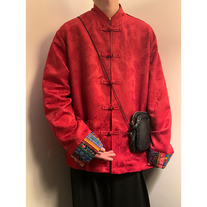 风红色衬衫春秋季高级感提花设计感盘扣唐装外套CS82-P68控88，男装衬衫，电商A005-1