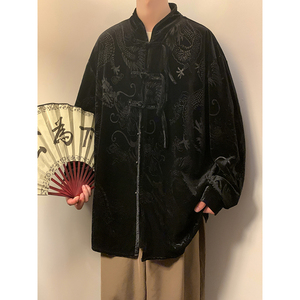 新中式C盘扣小众设计龙纹暗花金丝绒衬衫夹克外套男JK27-P68控88