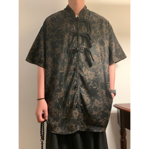 新中式A盘扣短袖衬衫男汉服唐装中山装树叶印花外套CS61-P68控88图片