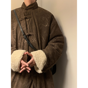 新中式D斜领盘扣龙纹暗花灯芯绒羊羔毛夹克棉衣服JK19-P135控158图片