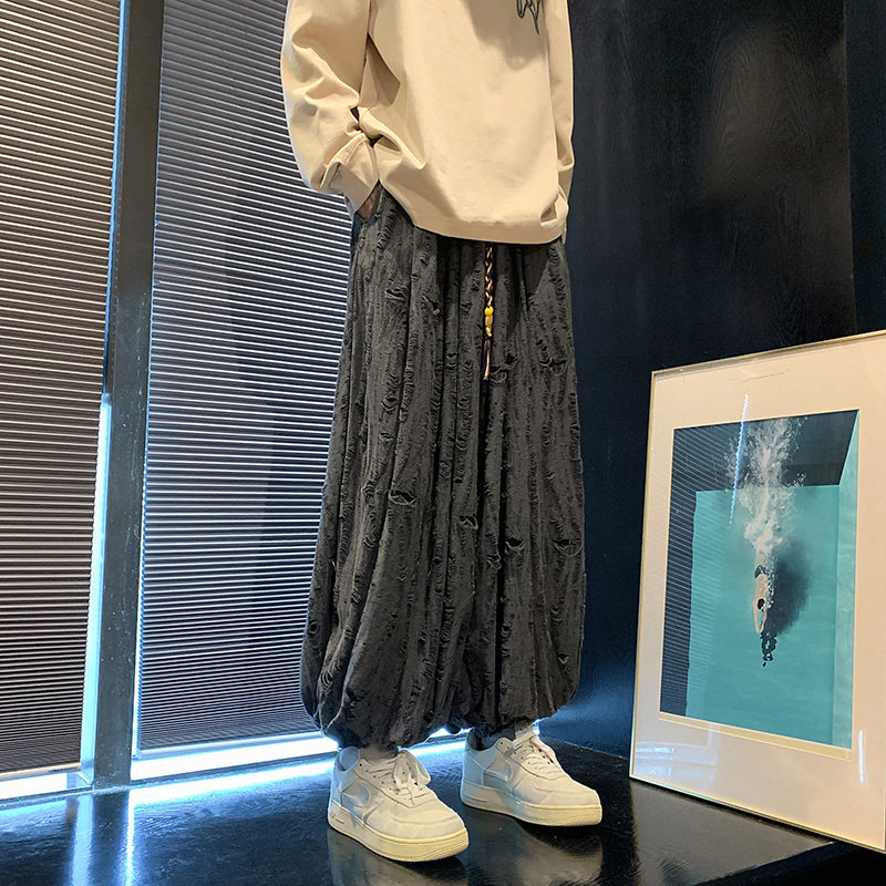 新中式A暗黑风破洞乞丐镂空设计感阔腿束脚裤K129-P75控98,男装休闲裤,电商A005-1
