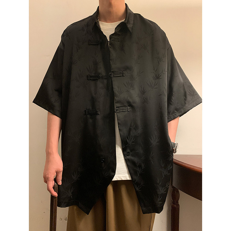新中式B风暗黑盘扣小众树叶提花冰丝短袖衬衫男CS51-P65控88图片