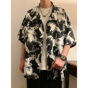 新中式风D水墨扎染冰丝立领小众金属扣盘扣衬衫男CS33-P78控98图片