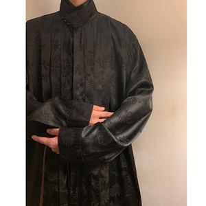 改良中式C缎面提花冰丝复古长袖珍珠扣立领衬衫男CS09-P75控98图片