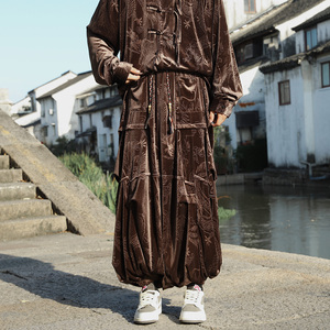 新中式D风金丝绒龙纹垂感折褶小众设计阔腿裤男K258-P78控98图片