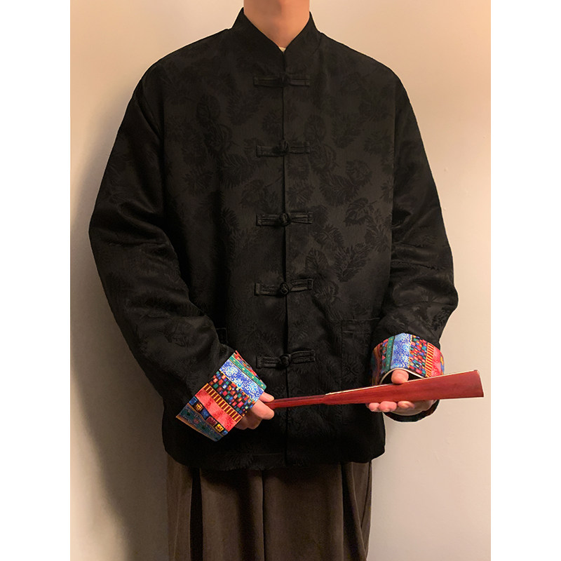 风红色衬衫春秋季高级感提花设计感盘扣唐装外套CS82-P68控88，男装衬衫，电商A005-1