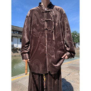 新中式K盘扣小众设计龙纹暗花金丝绒衬衫夹克外套男JK27-P68控88图片