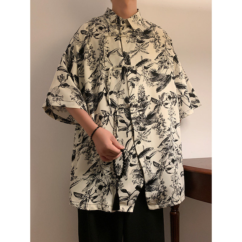新中式B盘扣不规则设计树叶印花暗纹冰丝衬衫外套男CS69-P70控98,男装衬衫,电商A005-1