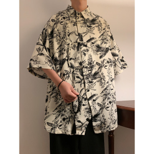 新中式B盘扣不规则设计树叶印花暗纹冰丝衬衫外套男CS69-P70控98图片