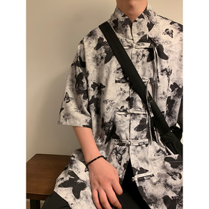新中式L盘扣短袖衬衫男改良汉服唐装蝴蝶印花外套CS56-P65控88