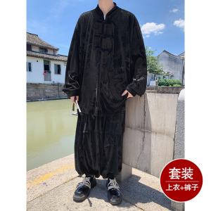 新中式A盘扣龙纹金丝绒衬衫夹克折褶阔腿裤套装男TZ181-P146控168图片