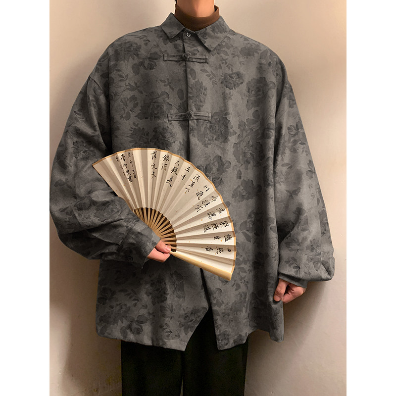 新中式J风暗黑盘扣小设计众暗花灯芯绒衬衫t桖男CS08-P68控88图片