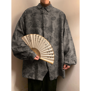 新中式J风暗黑盘扣小设计众暗花灯芯绒衬衫t桖男CS08-P68控88图片