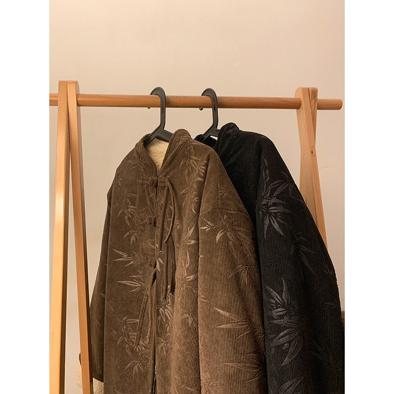 新中式J盘扣树叶暗花灯芯绒羊羔毛夹克棉衣外套男JK17-P135控158图片