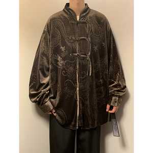新中式E盘扣小众设计龙纹暗花金丝绒衬衫夹克外套男JK27-P68控88图片