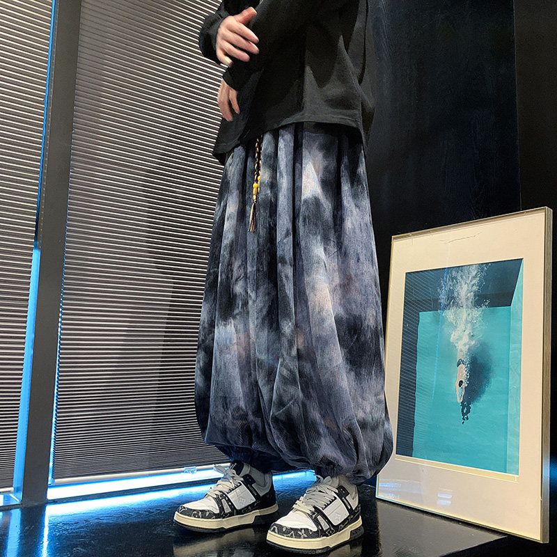 新中式C水墨扎染灯芯绒小众阔腿束脚哈伦裤K133-P78控98,男装休闲裤,电商A005-1