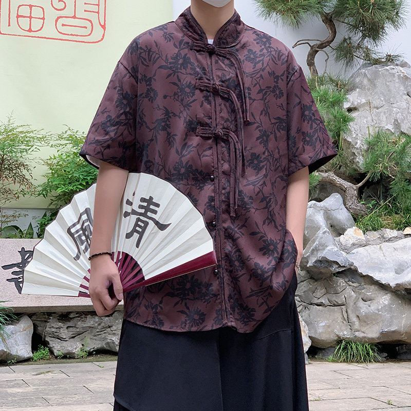 新中式H盘扣短袖衬衫男汉服唐装中山装树叶印花外套CS61-P68控88图片