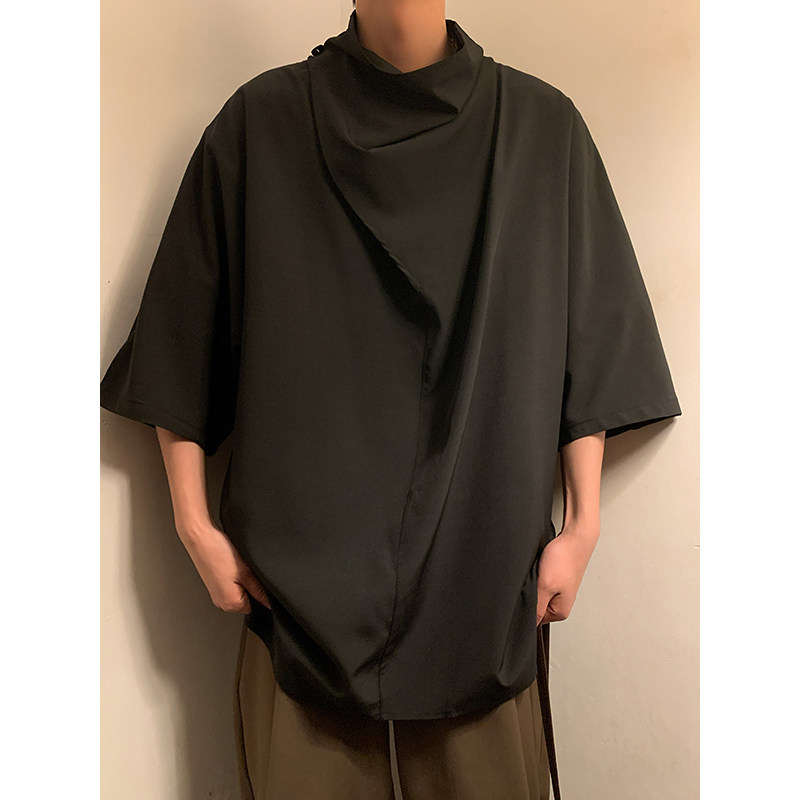 暗黑系B风冰丝小众设计痞帅高堆领七分中短袖t恤T05P55控78图片