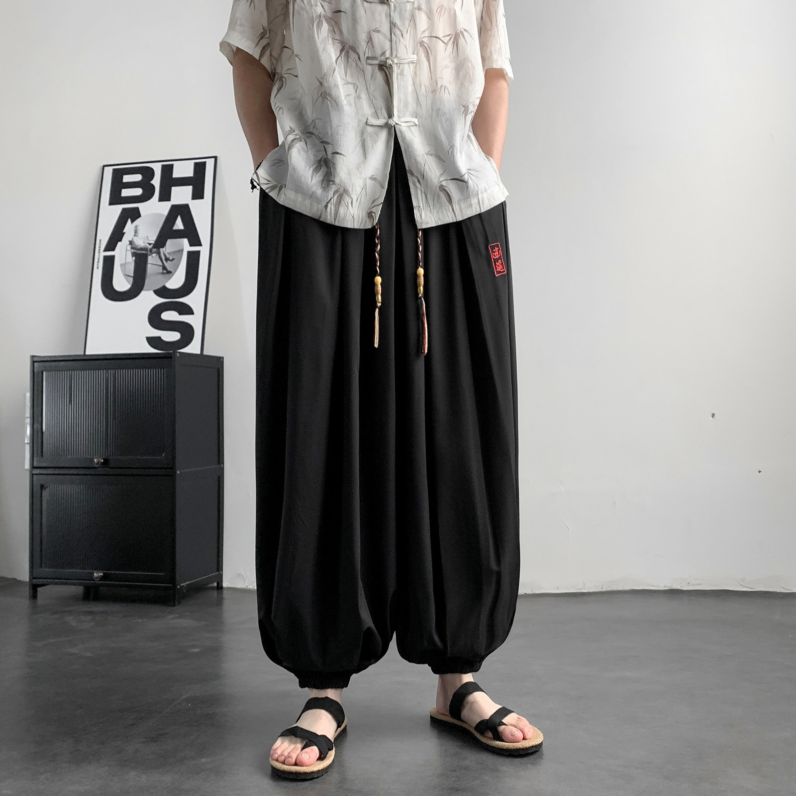 超大码8XL冰丝刺绣九分裤男大桶裤宽松长裤萝卜裤K265-P65控88，男装休闲裤，电商A005-1