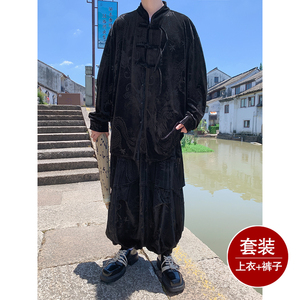新中式A盘扣龙纹金丝绒衬衫夹克折褶阔腿裤套装男TZ181-P146控168图片