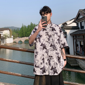 新中式D盘扣短袖衬衫男改良汉服唐装蝴蝶印花外套CS56-P65控88图片