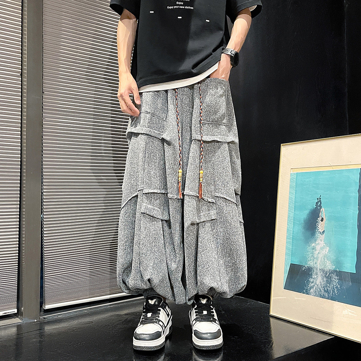 新中式暗黑B冰丝垂感折褶小众设计宽松阔腿裤男K227-P70控88,男装休闲裤,电商A005-1