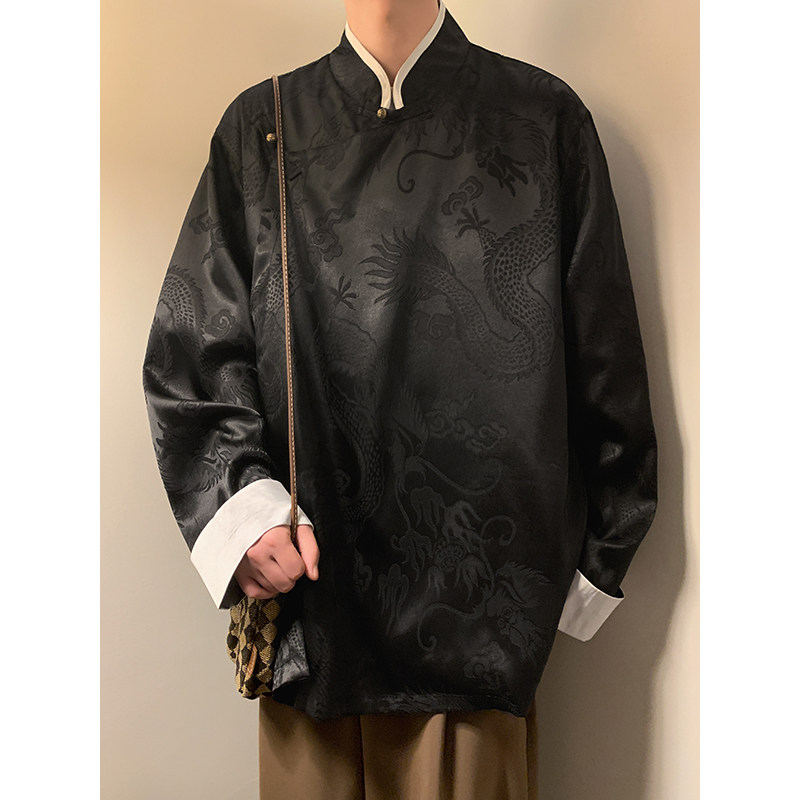 新中式风F盘扣龙纹冰丝中山装衬衫夹克外套男JK25-P65控78,男装夹克,电商A005-1