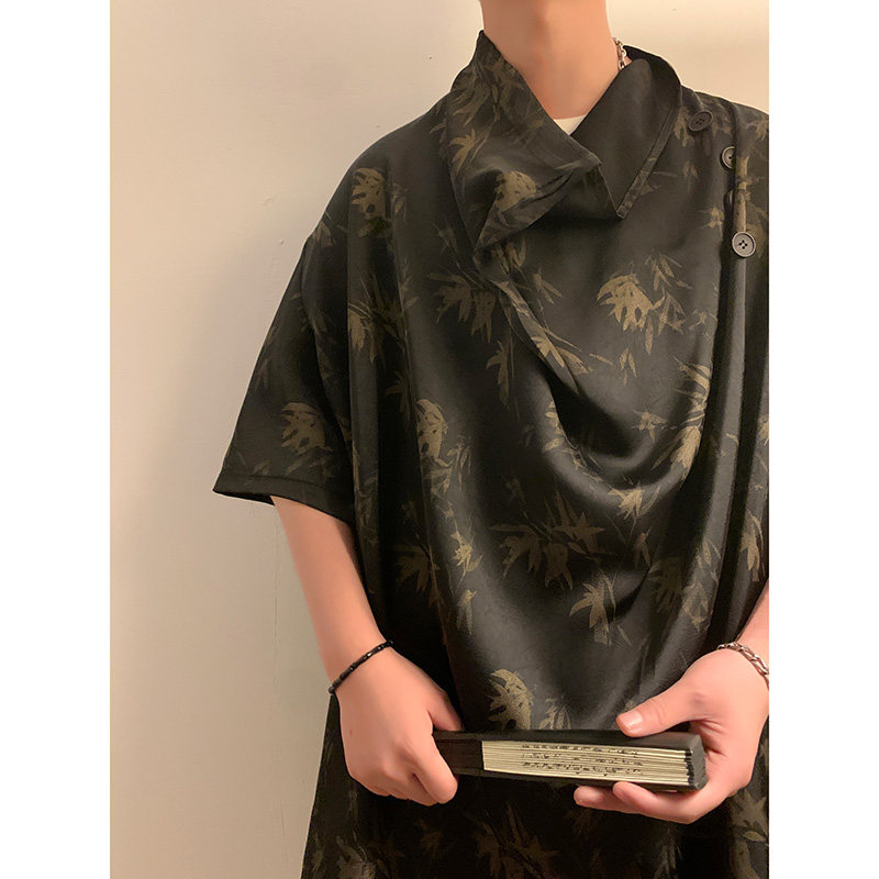 潮酷暗黑A小高领堆堆领印花树叶小众设计冰丝t恤T63-P80控108,男装T恤,电商A005-1