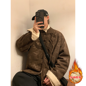 新中式I盘扣树叶暗花灯芯绒羊羔毛夹克棉衣外套男JK17-P135控158图片