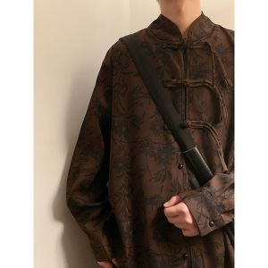 新中式C盘扣长袖衬衫男汉服唐装中山装树叶印花外套CS26-P68控88图片
