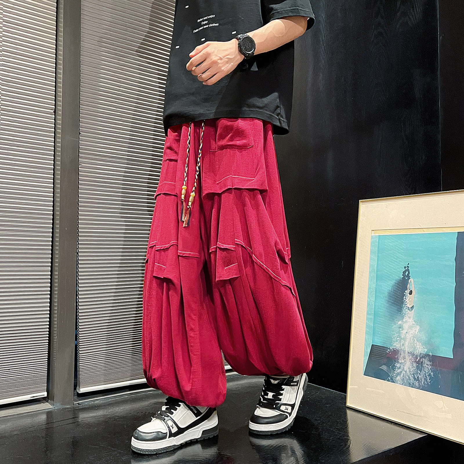 风G亚麻棉麻冰感折褶小众设计宽松阔腿裤男K229-P78控98图片