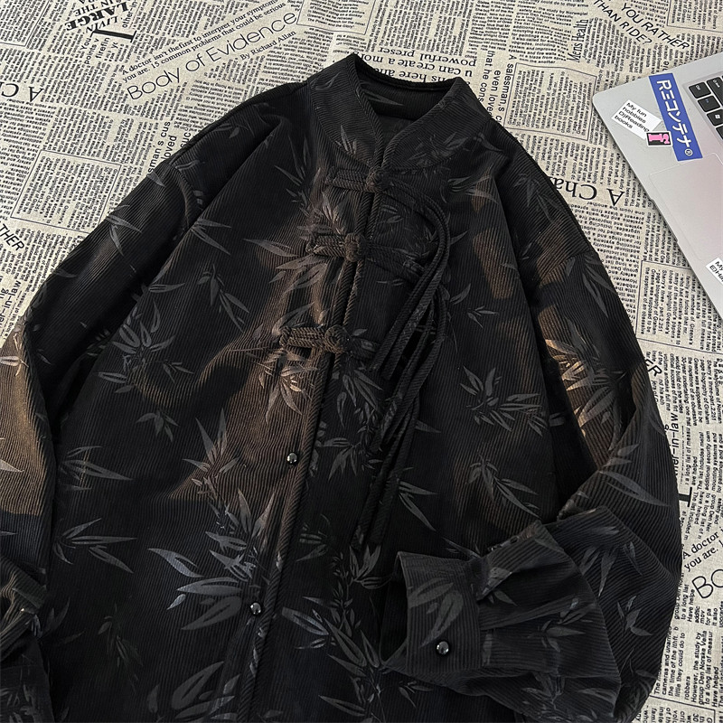 新中式O盘扣小众设计树叶暗花灯芯绒衬衫夹克外套男CS15-P68控88图片